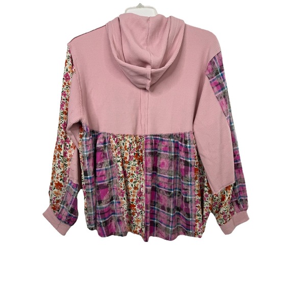 POL Floral Patchwork Pink Waffle Hoodie Full Zip Oversized Womens Small Boho - Picture 8 of 11